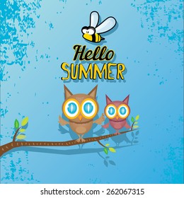 vector beautiful summer illustrations with birds singing on tree with green foliage . vector hello summer illustration. summer kids background