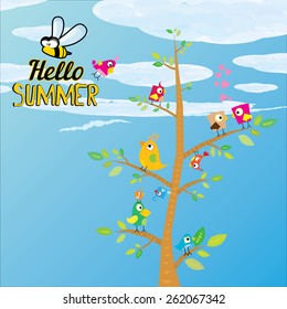 vector beautiful summer illustrations with birds singing on tree with green foliage . vector hello summer illustration. summer kids background