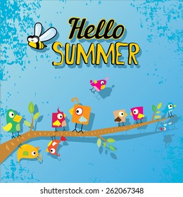 vector beautiful summer illustrations with birds singing on tree with green foliage . vector hello summer illustration. summer kids background