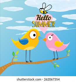 vector beautiful summer illustrations with birds singing on tree with green foliage . vector hello summer illustration. summer kids background