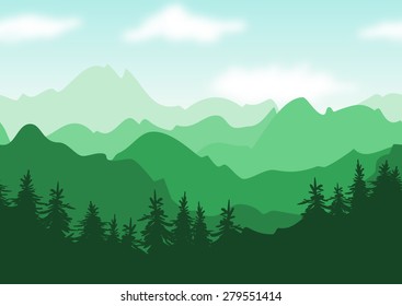 Vector beautiful summer landscape, green mountains with trees silhouettes. Nature seamless background template with place for text.