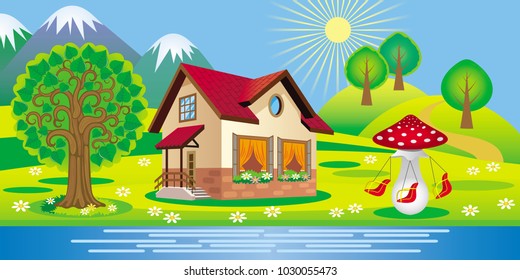 Vector beautiful summer landscape with a house and children's swings in the form of mushroom