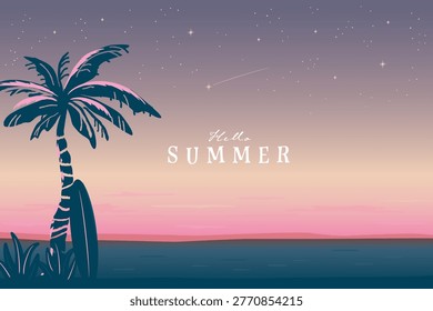 Vector beautiful summer tropical background illustration with palm trees and surfboard, Starry sky and ocean, sunset background.