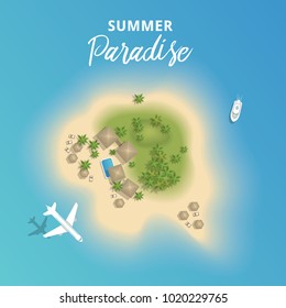 Vector beautiful summer tropical island for vacation from above with plane and boat