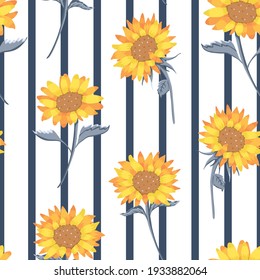 Vector Beautiful Sunflowers on Stripes seamless pattern background. Perfect for fabric, scrapbooking and wallpaper projects.