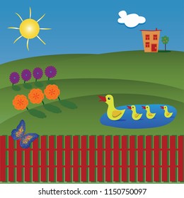 Vector of beautiful sunny landscape behind a red fence. Green hills, flowers, ducks on the lake and house on the background. Concept - organic life.