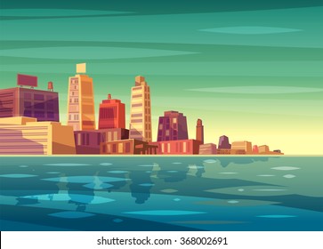 Vector beautiful sunrise over cartoon city with lake, river or ocean. Cityscape with sun light.  Cute modern architecture.  Vector stock illustration.