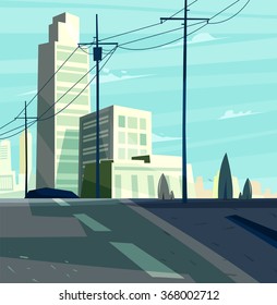 Vector beautiful sunrise over cartoon city with highway. Cityscape with sun light.  Cute modern architecture.  