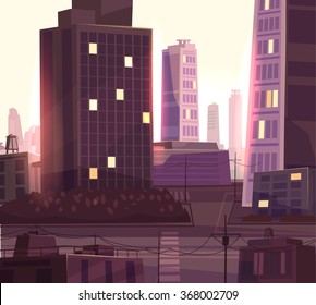 Vector beautiful sunset over cartoon city with highway. Cityscape with warm sun light.  Cute modern architecture.  