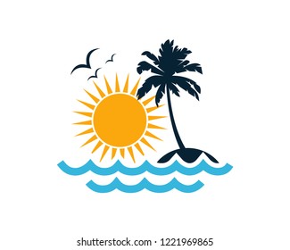 Vector Beautiful Sunset and Sunrise on the Waves of the Beach with palm trees and Flying Birds Sign Symbol Icon Traveling or Holiday Logo Template Design Inspiration