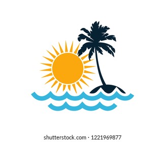 Vector Beautiful Sunset and Sunrise on the Waves of the Beach and palm trees Sign Symbol Icon Traveling or Holiday Logo Template Design Inspiration