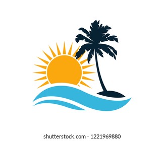 Vector Beautiful Sunset and Sunrise on the Waves of the Beach and palm trees Sign Symbol Icon Traveling or Holiday Logo Template Design Inspiration