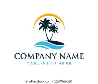 Vector Beautiful Sunset and Sunrise on the Waves of the Beach with palm trees and Flying Birds Sign Symbol Icon Traveling or Holiday Company Logo Template Design Inspiration