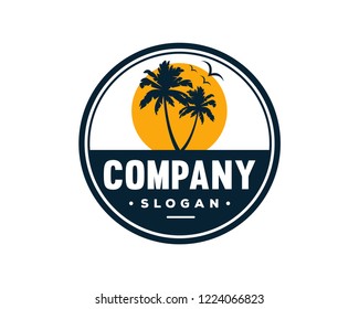 Vector Beautiful Sunset and Sunrise on the Beach with palm trees and Flying Birds Sign Symbol Icon Traveling or Holiday Circle Logo Template Design Inspiration