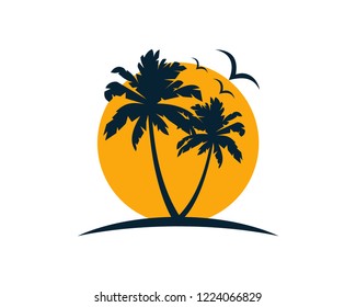 Vector Beautiful Sunset and Sunrise on the Beach with palm trees and Flying Birds Sign Symbol Icon Traveling or Holiday Logo Template Design Inspiration