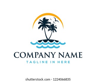 Vector Beautiful Sunset and Sunrise on the Waves of the Beach with palm trees and Flying Birds Sign Symbol Icon Traveling or Holiday Company Logo Template Design Inspiration