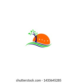 Vector Beautiful Sunset and Sunrise on the Beach with palm trees and Flying Birds Sign Symbol Icon Traveling or Holiday Logo Template Design Inspiration
