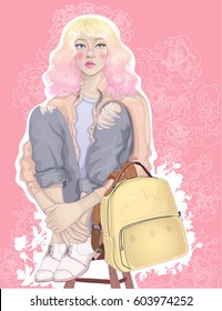 vector beautiful sweet blonde with fashionably painted hair, in sneakers and with a backpack, among flowering peonies