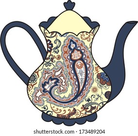 Vector beautiful teapot (cup of tea). Paisley elements.