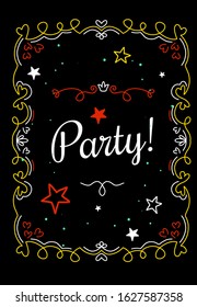 Vector beautiful template illustration with curly frame and word party on black background with heart and star. Thin line art style golden color design for romantic greeting card, wedding invitation