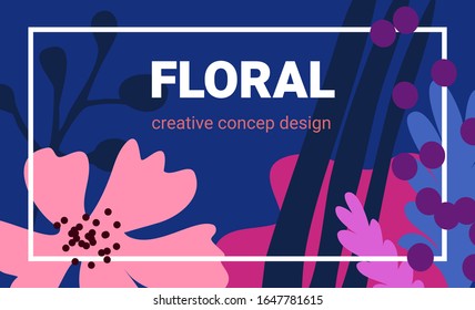 Vector beautiful template pattern with flower and simple color leaves shape. Floral elements on dark background. Flat style pattern design with frame and header for web site and greeting card