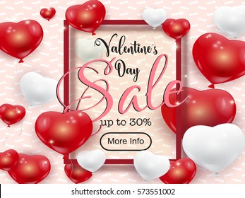 Vector beautiful template of Valentines Day sale banner with realistic red, white balloons on pink pattern with white candies..