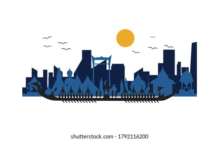 Vector de la hermosa Royal Barge Suphannahong en el río de Tailandia, concepto de vectores de estilo tradicional tailandés.