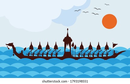 Vector de la hermosa Royal Barge Suphannahong en el río de Tailandia, concepto de vectores de estilo tradicional tailandés.