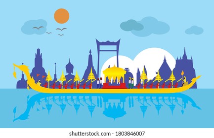 Vector de la hermosa Royal Barge Suphannahong en el río de Tailandia, concepto de vectores de estilo tradicional tailandés.