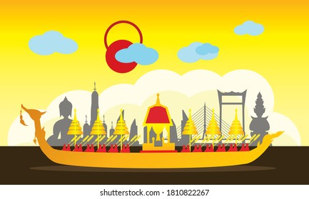 Vector of beautiful Thai Royal Barge Suphannahong on the River of Thailand,Traditional Thai style Vector concept.