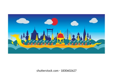 Vector de la hermosa Royal Barge Suphannahong en el río de Tailandia, concepto de vectores de estilo tradicional tailandés.