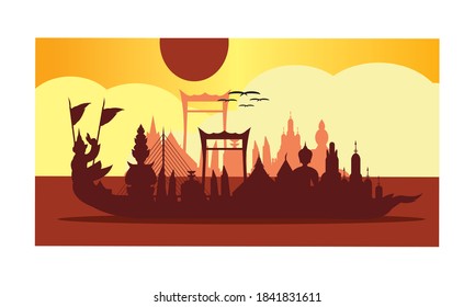 Vector de la hermosa Royal Barge Suphannahong en el río de Tailandia, concepto de vectores de estilo tradicional tailandés.