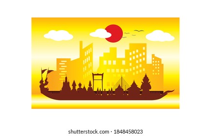 Vector de la hermosa Royal Barge Suphannahong en el río de Tailandia, concepto de vectores de estilo tradicional tailandés.