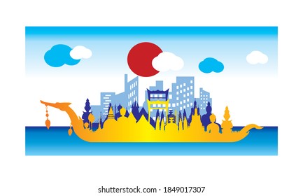 Vector de la hermosa Royal Barge Suphannahong en el río de Tailandia, concepto de vectores de estilo tradicional tailandés.