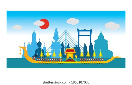 Vector de la hermosa Royal Barge Suphannahong en el río de Tailandia, concepto de vectores de estilo tradicional tailandés.