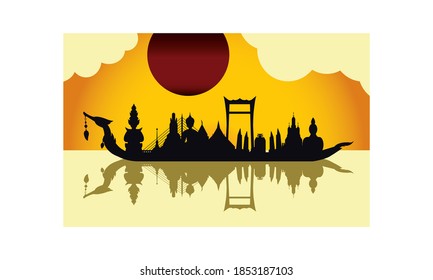 Vector de la hermosa Royal Barge Suphannahong en el río de Tailandia, concepto de vectores de estilo tradicional tailandés.