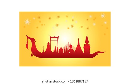 Vector de la hermosa Royal Barge Suphannahong en el río de Tailandia, concepto de vectores de estilo tradicional tailandés.