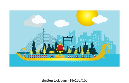 Vector de la hermosa Royal Barge Suphannahong en el río de Tailandia, concepto de vectores de estilo tradicional tailandés.