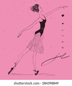 Vector beautiful thin ballerina illustration in a tutu skirt and ballet shoes. Hand-written Cute Girl lettering.