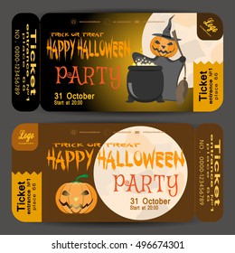 Vector beautiful ticket to a Halloween party on the gradient dark brown background.