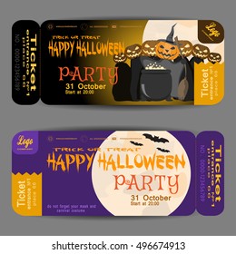 Vector beautiful ticket to a Halloween party on the gradient dark yellow and dark lilac background.