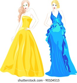 vector beautiful top model in a fashion evening dresses blue and gold colors isolated on white background
