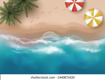 Vector beautiful top view illustration of sandy beach with palm trees, umbrellas and footprints
