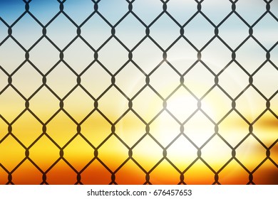 vector beautiful twilight, view through the metal grille silhouette to the sunrise, independent concept.