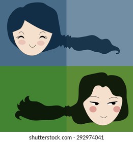 Vector beautiful two women with long black and blue straight hair. Fashion vintage illustration with concept of beauty and hairdressing. Stylized graphic color background with space for text.