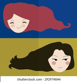 Vector beautiful two women with long red and brown straight hair. Fashion vintage illustration with concept of beauty and hairdressing. Stylized graphic color background with space for text.