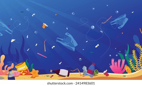 Vector beautiful underwater background with garbage