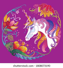 Vector beautiful unicorn with flowers in circle composition. Colorful ornamental illustration isolated on pink background. For T Shirt, stickers, design and tattoo.