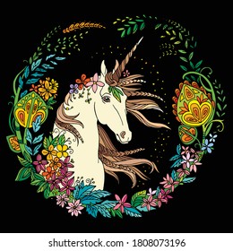 Vector beautiful unicorn with flowers in circle composition. Colorful ornamental illustration isolated on black background. For T Shirt, stickers, design and tattoo.