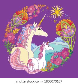 Vector beautiful unicorn and foal with flowers in circle composition. Colorful ornamental illustration isolated on mauve background.For T Shirt, stickers, design and tattoo.